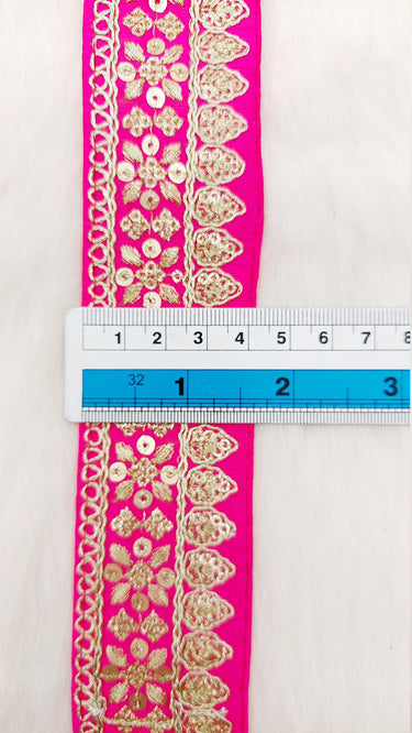 Fuchsia Pink Art Silk Fabric Trim With Gold Floral Embroidery, Floral Sequins Sari Border, Trim By 9 Yards